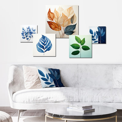 Collage de feuilles blanches et bleues - ensemble de 6 feuilles d'art mural