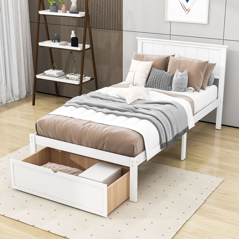 Lit plateforme en bois avec tiroir de rangement Daygen, Blanc