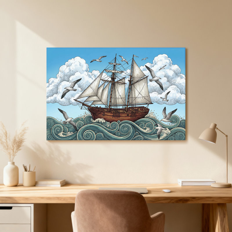 Voilier, vagues, mouettes, ciel, nuages, 20" H x 30" W, Wrapped Canvas, Ne s’applique pas