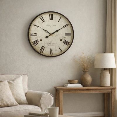 Horloge murale, cadre rond de 20 pouces en brun antique, chiffres romains