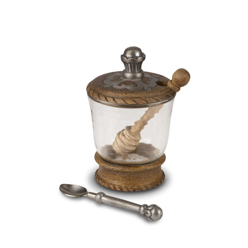 Heritage Inlay Wood Honey Jar With Honey Server And Spoon