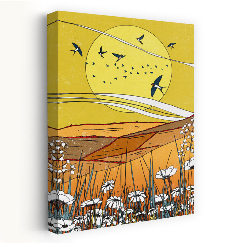 Contemporary Art Organic Peaceful Retro Bird Daisy Poppy Landscape Nature Wall Art - Wrapped Canvas Print
