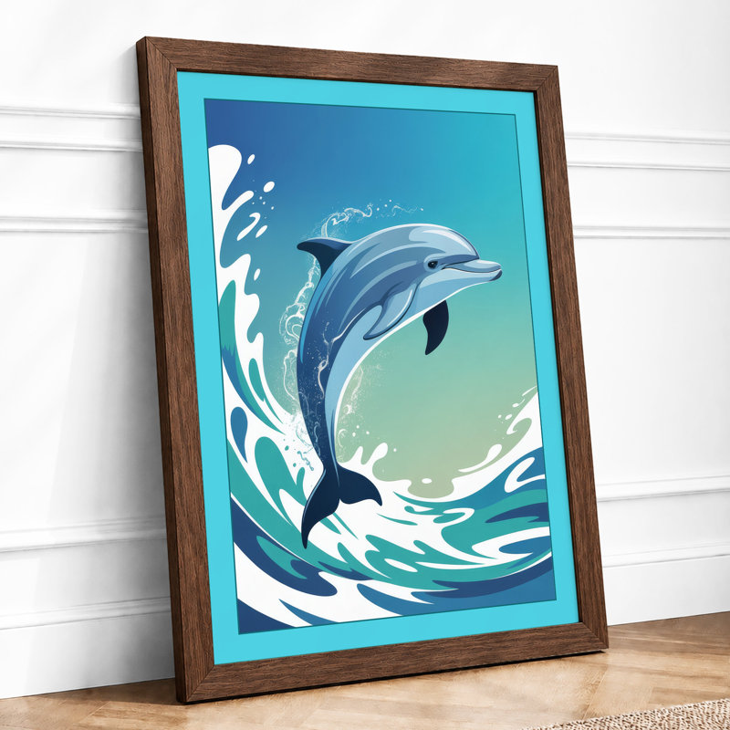 Leaping Dolphin Coastal - Framed Print, A3 - 42.0 x 29.7 cm, Walnut