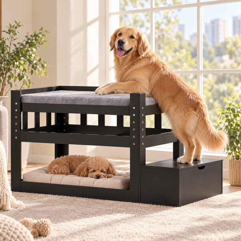 Lit superposé ajustable avec escalier et rangement, lit de chevet en bois à 2 niveaux pour chiens de grande taille et de très grande taille