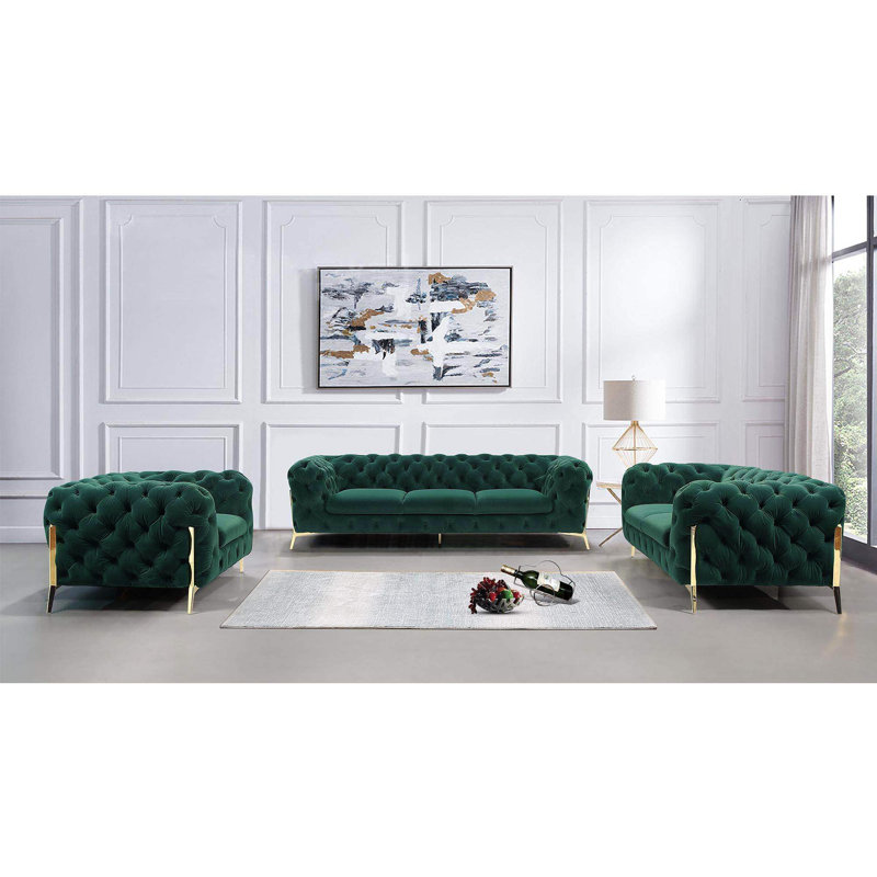 Chesterfield Hanks Sofa Set 3+2+1 with Gold Metal Legs, Bottle Green