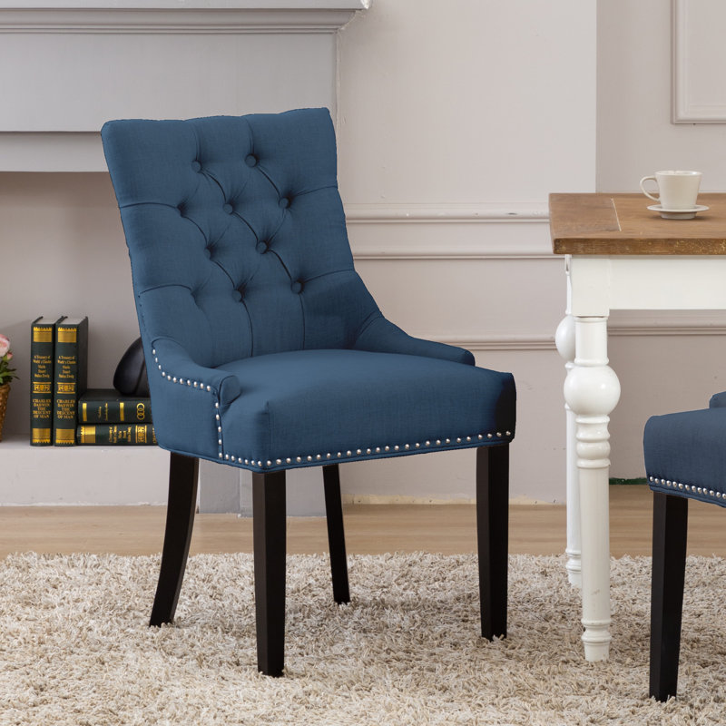 Chaise parsons capitonnée en bois massif et rembourrée en lin, bleu
