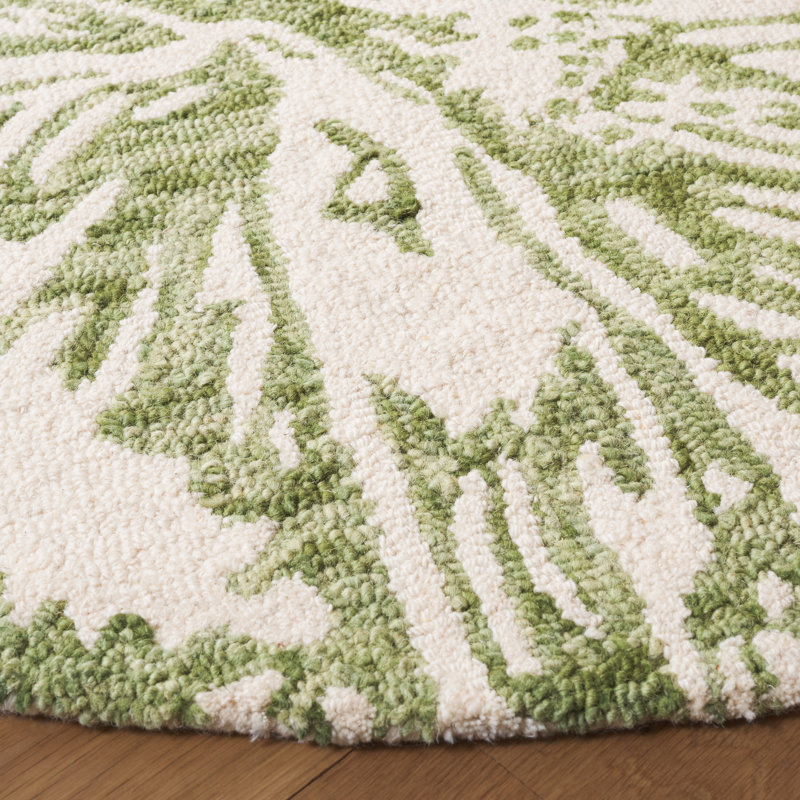 Tapis ivoire / vert en laine / coton touffeté à la main Abbigaile, Rond 6 pi