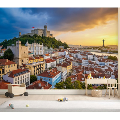 Papier peint adhésif mural autocollant amovible pour horizon du château de Lisbonne, Portugal, H 69 po x l 96 po