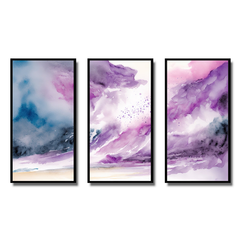«Violet Storm at the Horizon II», reproduction sur toile 3 pièces, Toile encadrée noire, H 28 po x l 36 po x P 1 po