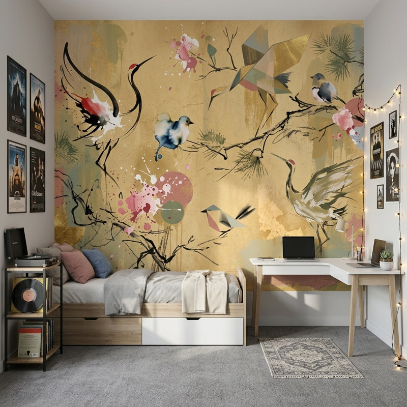 Murale oiseau vert, 100 po x 96 po, Peler et coller