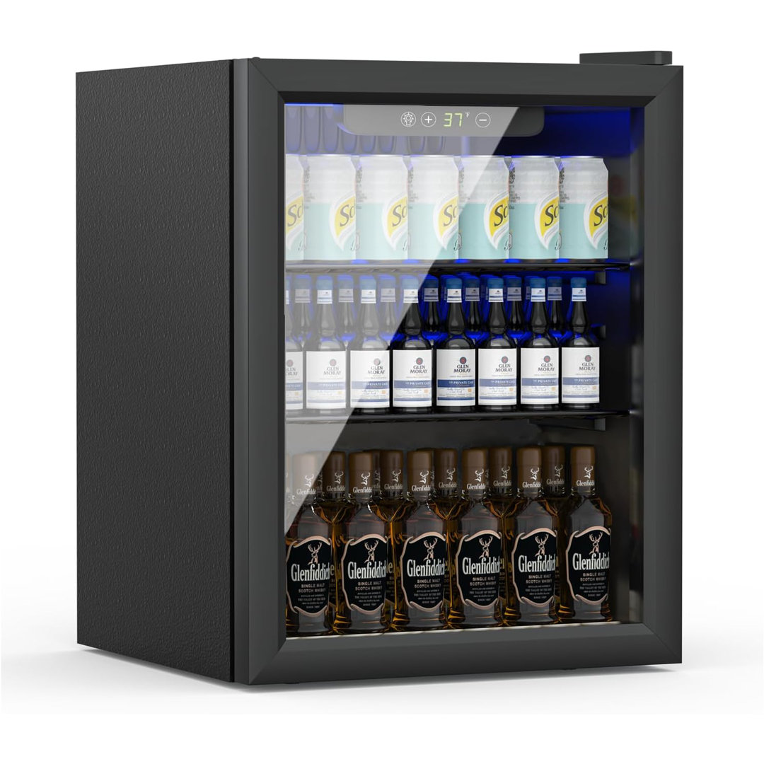 Beverage Refrigerator Cooler, 70 Can/1.6 Cubic Feet Mini Fridge with Glass Front Door, Digital Display Small Refrigerator with Adjustable Shelves for Soda, Beer or Wine Erivess