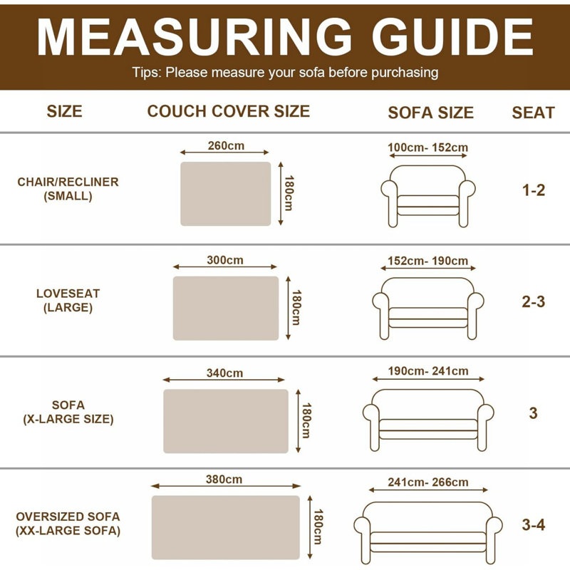Fabric Box Cushion Sofa Slipcover, White, 180 cm H x 300 cm W x 1 cm D