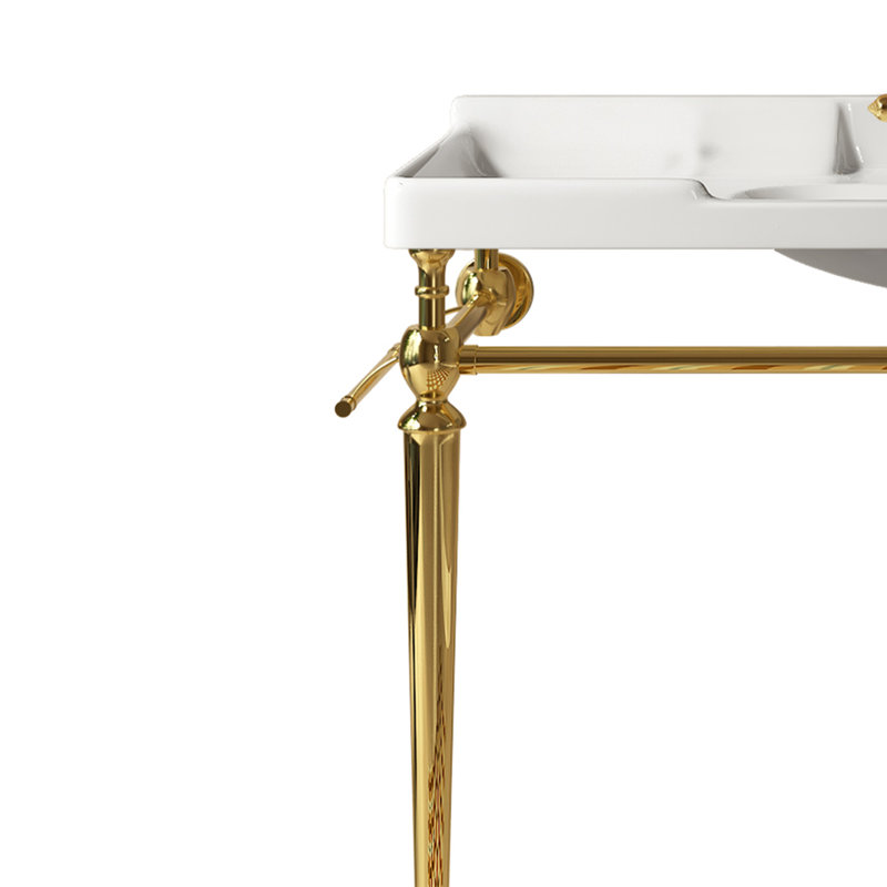 Wall-Mounted Bathroom Console Sink,White Ceramic Vanity Basin With 3 Pre-Drilled Faucet Holes, Freestanding Stainless Steel Support Legs With Towel Bar, No Faucet And Sink Cover, Gold Color