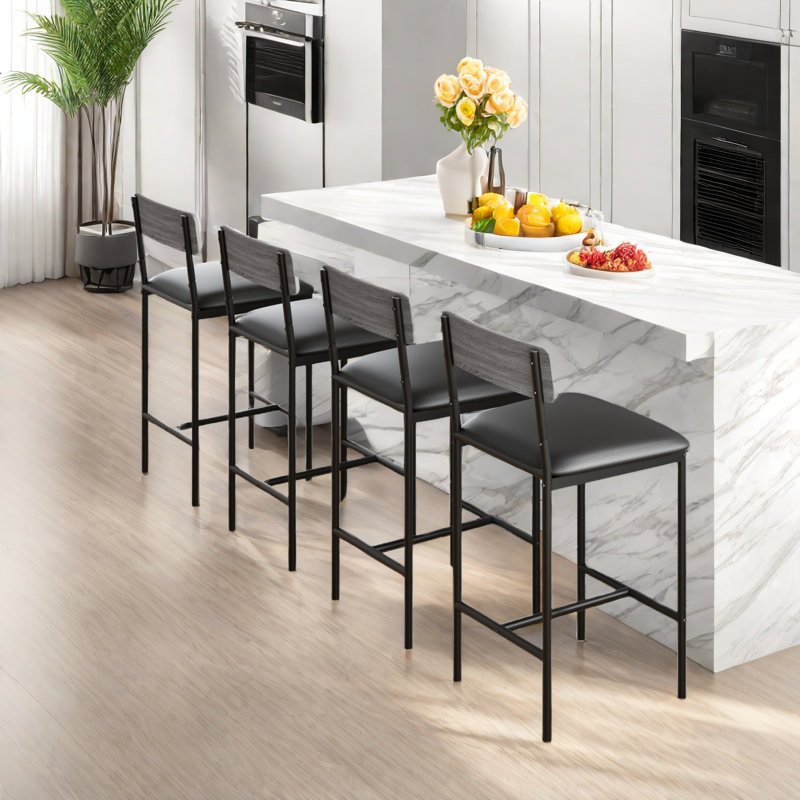 Bar Stools  With Footrest, Upholstered Bar Chairs With Back, Counter Height Barstools, Set Of 4, Rustic Gray