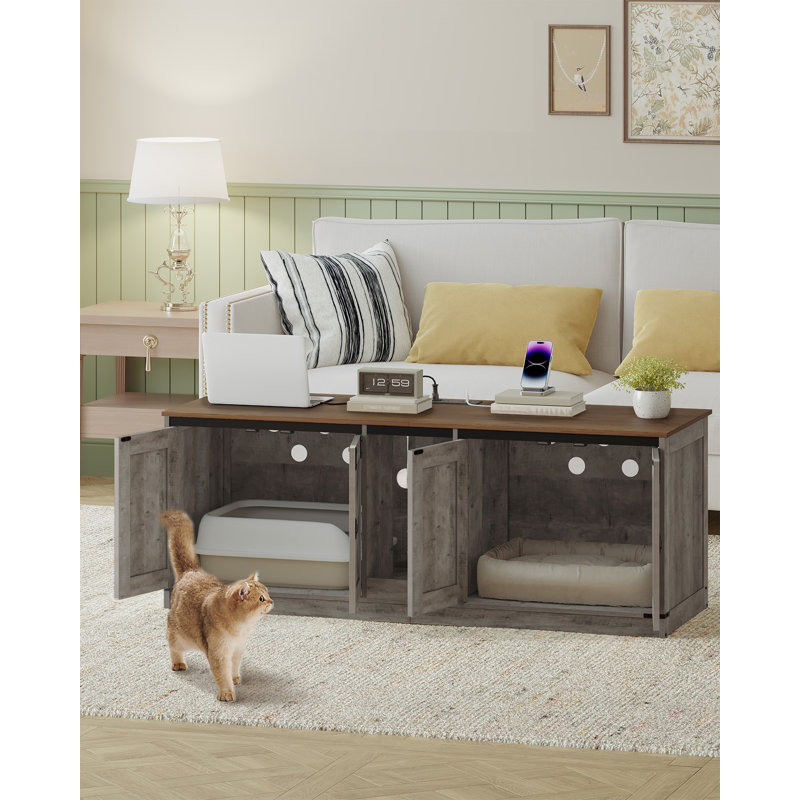 Cat Litter Box Enclosure  for 2 Cats,55.2" Hidden Litter Box Furniture Cabinet with USB Ports & Power Outlets, Indoor Cats House with Cat Bell, Farmhouse Style, Greige