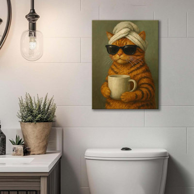 Framed Funny Cat Bathroom Wall Art, Cool Tabby Cat Canvas Print With Coffee Mug And Sunglasses, Vintage Animal Painting Picture For Bathroom Bedroom Living Room Decor