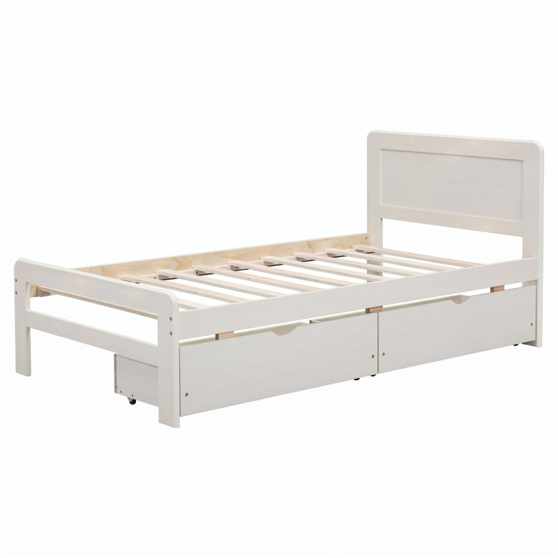 Sophisticated Twin Platform Bed with Drawers for Space Optimization, White Washed