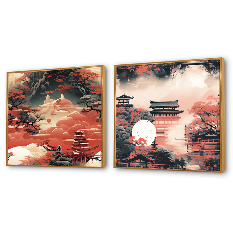 Lazerte - Ensemble de 2 collage de paysages abstraits carrés, Cadre flottant doré, H 30 po x l 61 po