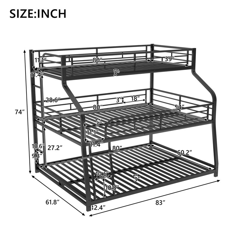Twin XL/Full XL/Queen Triple Bunk Bed with Long and Short Ladder and Full-Length Guardrails,Black, Black