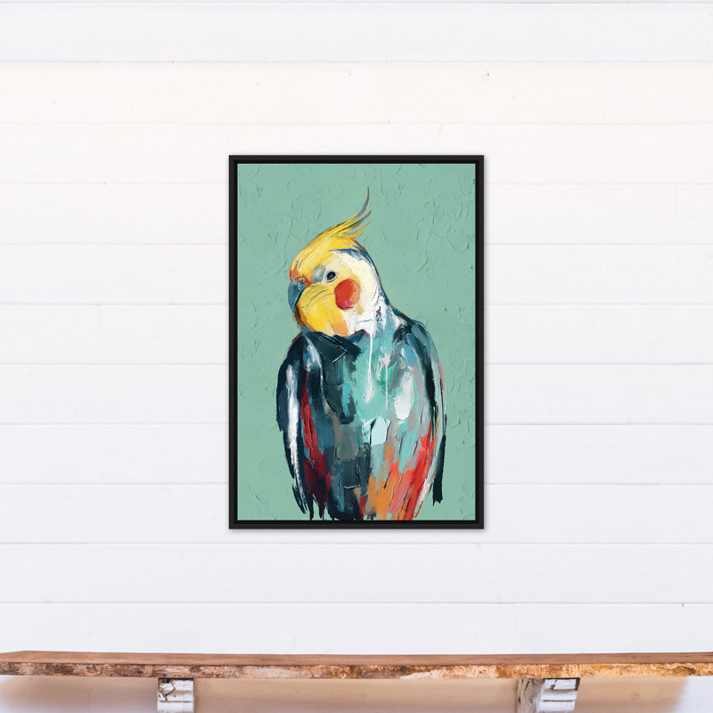 Cockatiel coloré - Peinture sur toile, H 37,75 po x l 25,75 po x P 1,75 po, Toile à cadre flottant noir