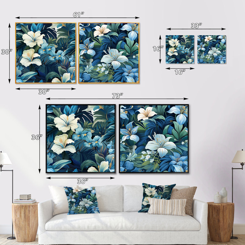 Orwin - Ensemble de 2 collages carrés floraux, Cadre flottant noir, H 16 po x l 33 po