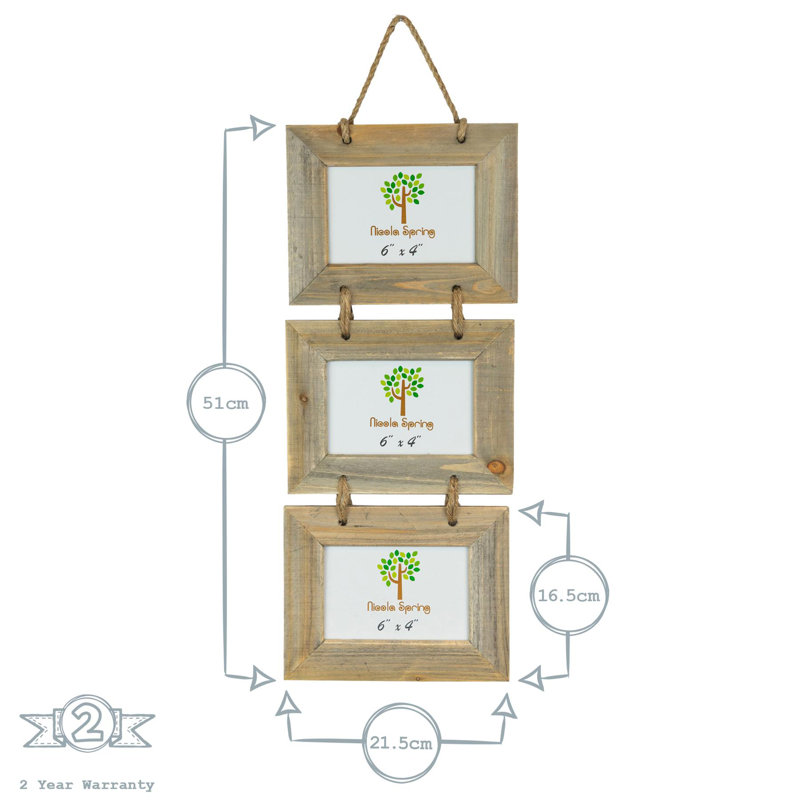Nicola Spring - Rustic Wooden Hanging 3 Photo Frames - 6 x 4", Beige