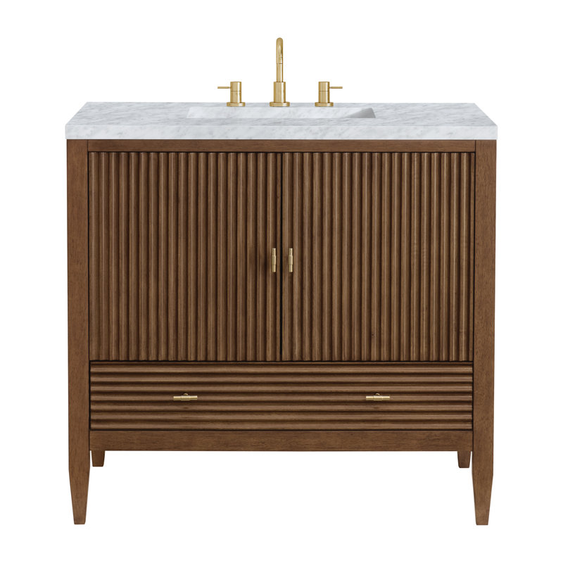Myrrin 36'' W Single Vanity, Carrara White, Mid-Century Walnut, 8" Widespread
