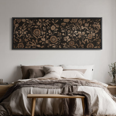 Extra Large Brown Botanical Wildflower Garden Pattern on Black Background Vintage Floral Decorative Print Wall Art