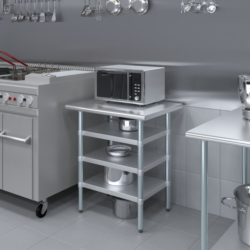 Table en acier inoxydable avec trois tablettes inférieures, H 24 po x l 30 po x P 35 po