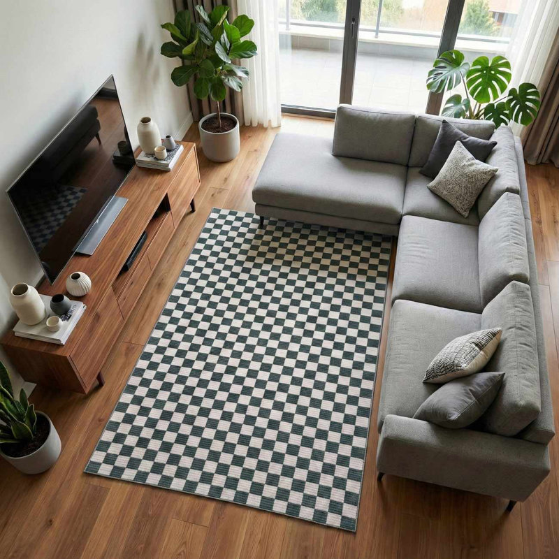 Tapis crème / blanc cassé lavable à la machine Chuby, Vert, Rectangle 9 pi x 12 pi