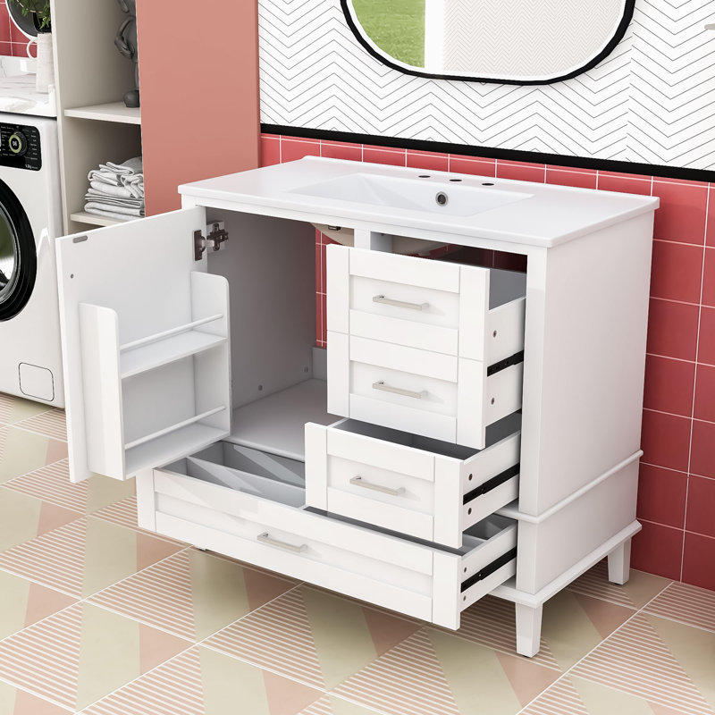 Meuble-lavabo autoportant moderne avec lavabo en céramique lisse, porte à fermeture en douceur et rangement polyvalent, Blanc