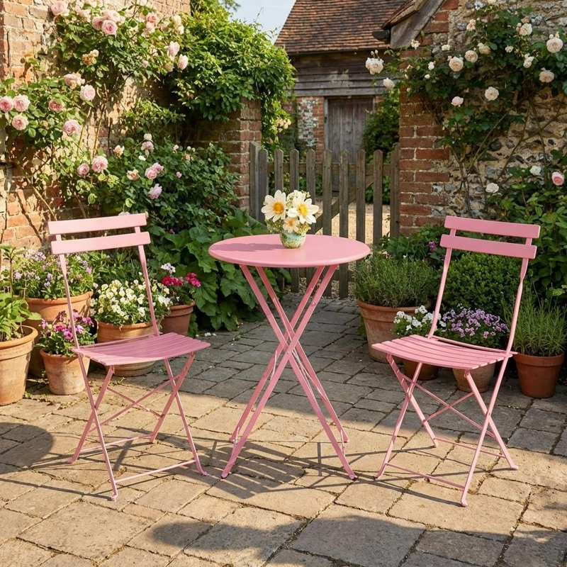 3 Piece Outdoor Folding Bistro Set, Metal Frame Patio Table and Chairs, Foldable Balcony Furniture, Pink
