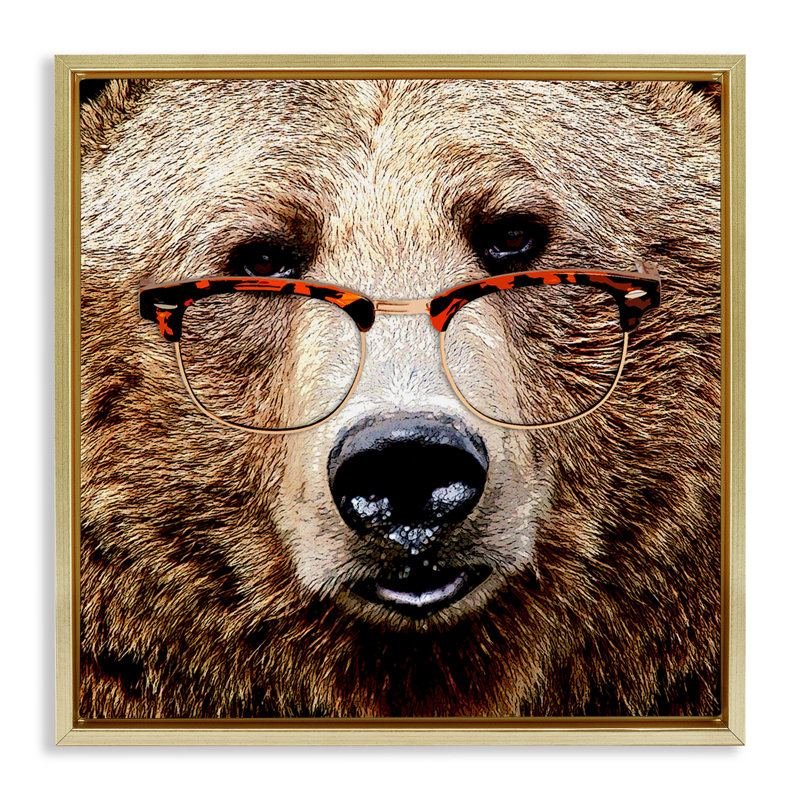 Grizzly avec lunettes, H 18 po x l 18 po, Cadre flottant métallique doré
