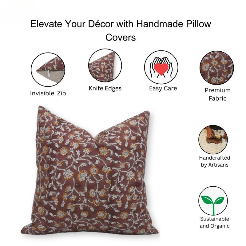 Linen Pillow Cover, Beige Floral 2, 14"H x 14"W, Square