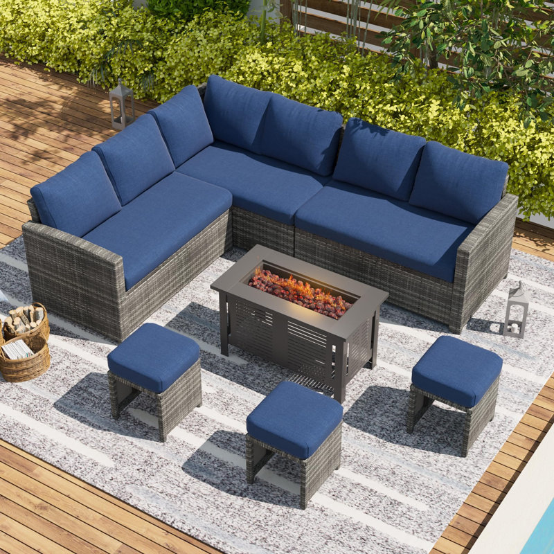 7 Pieces Patio Furniture Set With 43" Fire Pit Table, Dark Blue Cushion/Gray Frame
