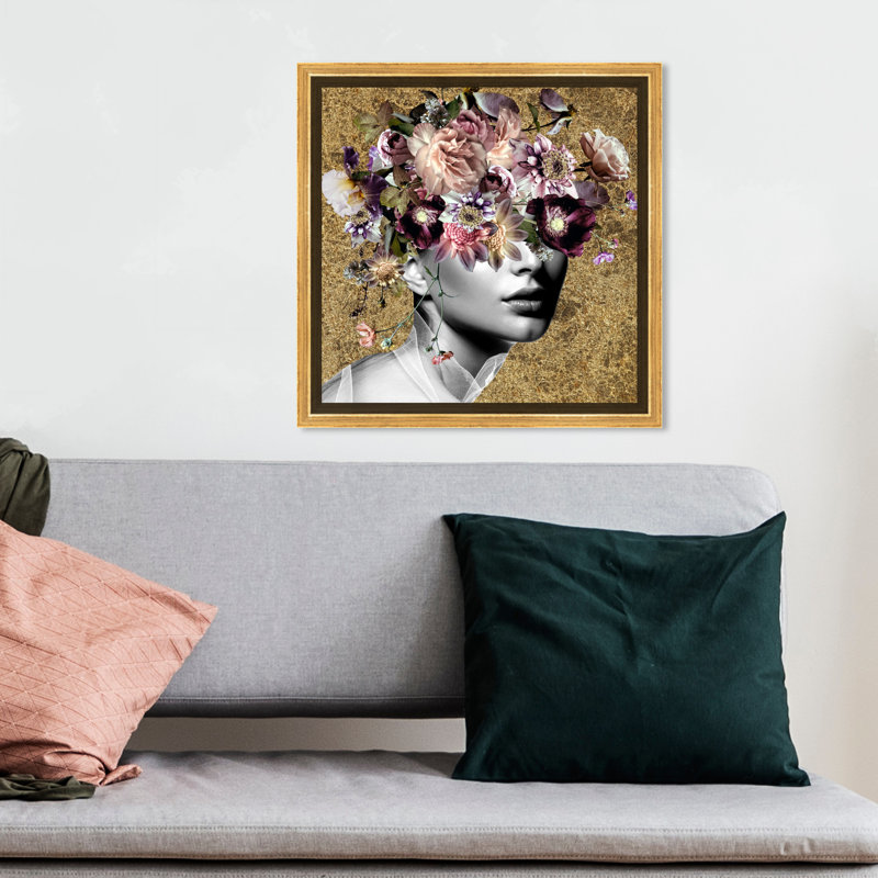 Rose Reve - Impression sur toile, Encadrement doré, H 12 po x l 12 po, Noir