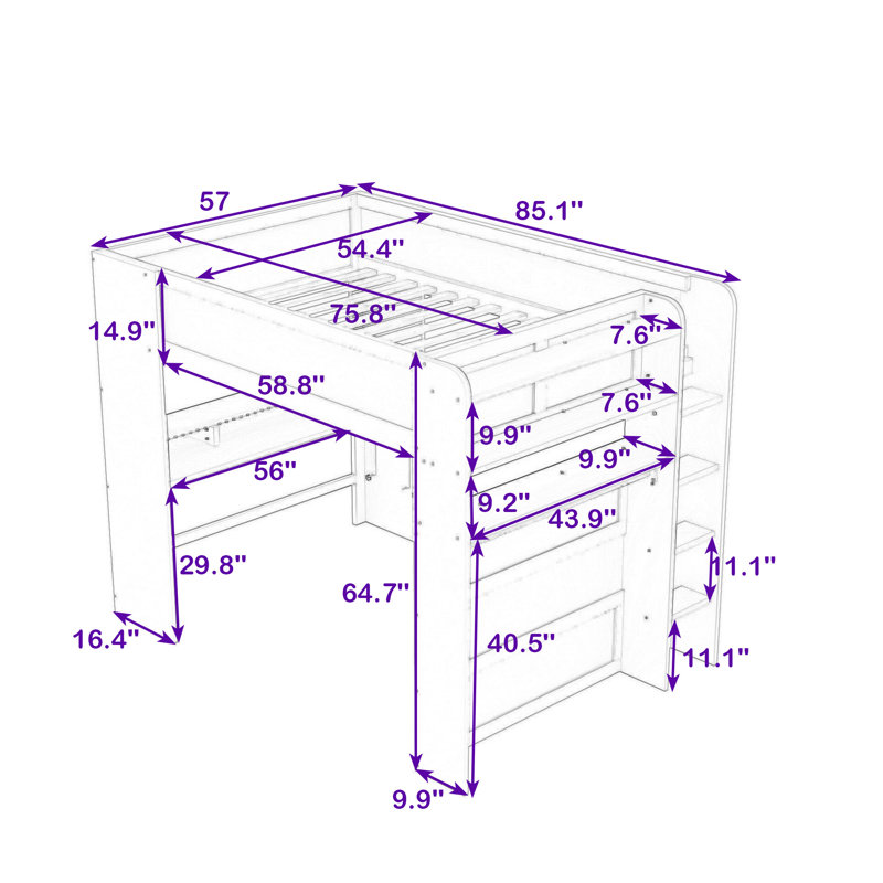 Lit mezzanine double en bois avec bureau intégré, station de charge, garde-robe et éclairage RVB, Bleu