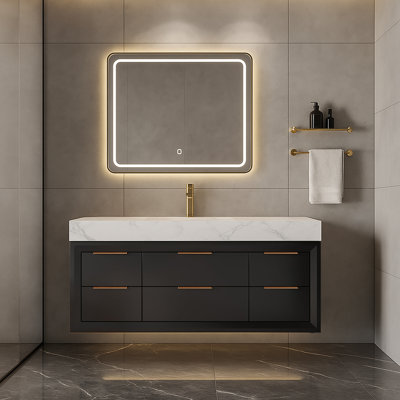Ensemble de meuble-lavabo mural simple 48 po avec comptoir en pierre blanche, lumière DEL et tiroirs à fermeture en douceur, design moderne