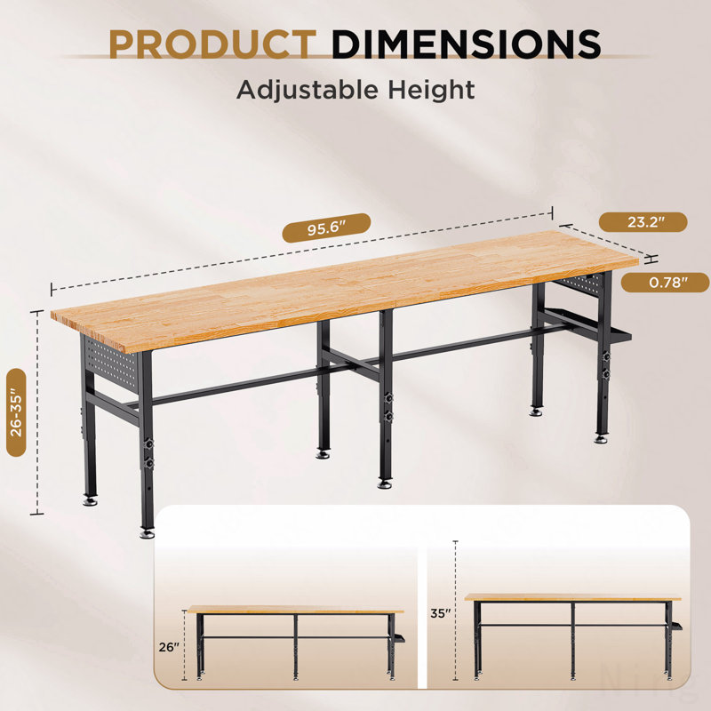 Établi réglable de 96 po avec panneau perforé latéral, plateau en bois massif, capacité de 2000 lb, table de travail de garage à hauteur réglable avec prise de courant, boîte de rangement, roues ou pieds de nivellement