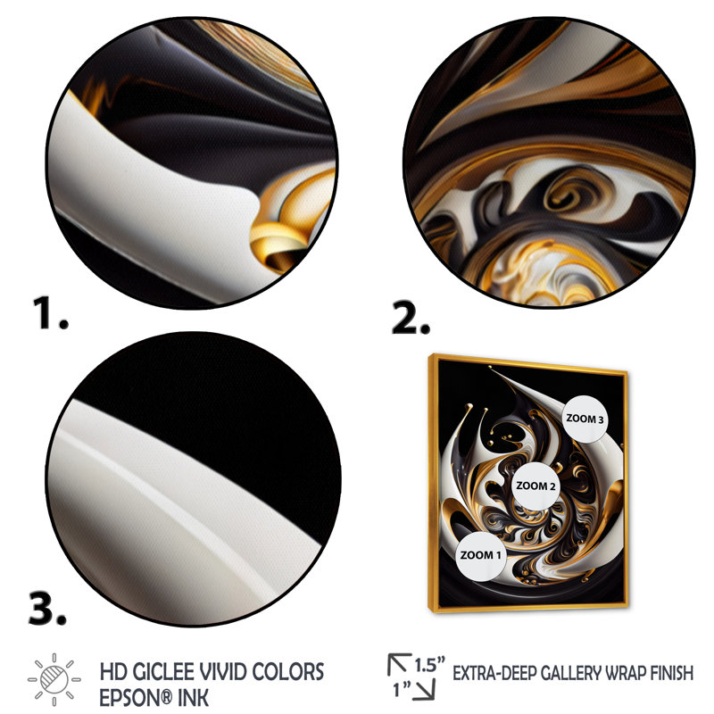 Vitrail doré noir et blanc II - reproduction sur toile, H 32 po x l 24 po x P 1 po, Toile avec cadre flottant or