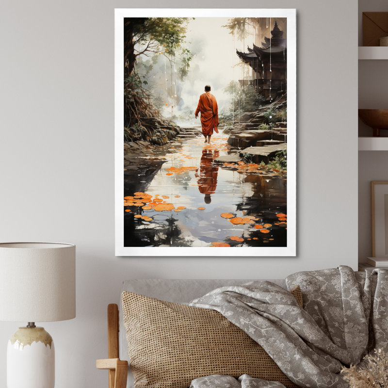 " Orange Grey Buddhist Art Buddhas Footprints I ", 30" W x 40" H, White Picture Framed
