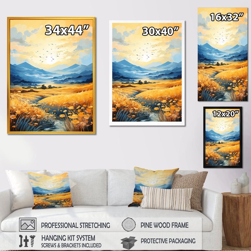 Grain Meadow Vista Sunset - prairie, art mural, Cadre flottant noir, H 20 po x l 12 po x P 1 po