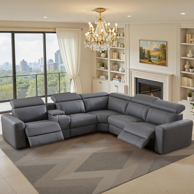 Oversized Power Reclining Leather Sectional Sofa With Console And Dual Recliners For Living Room Dark Gray, Gray Faux Leather
