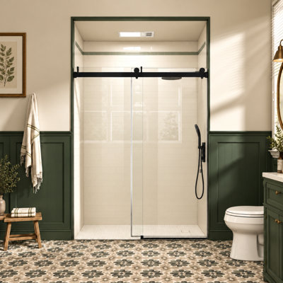 Single Sliding Frameless Shower Door 56" - 60" W x 76" H with with SGCC Thick Tampered Glass, Soft-Close, Explosion-Proof Film, Black