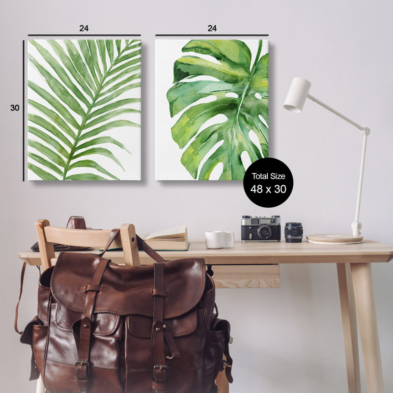 Palme tropicale tropicale, fond blanc minimal - ensemble de 2 impressions sur toile, H 30 po x l 24 po