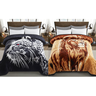 Marina Decoration Reversible 8 LB Oversized Heavy Woven Fluffy Plush Soft Warm Korean Style Mink 2 Ply Rich Printed Animal Flannel Fleece Throw Raschel Blanket, 78 x 86 Inch Leopard Lion Pattern