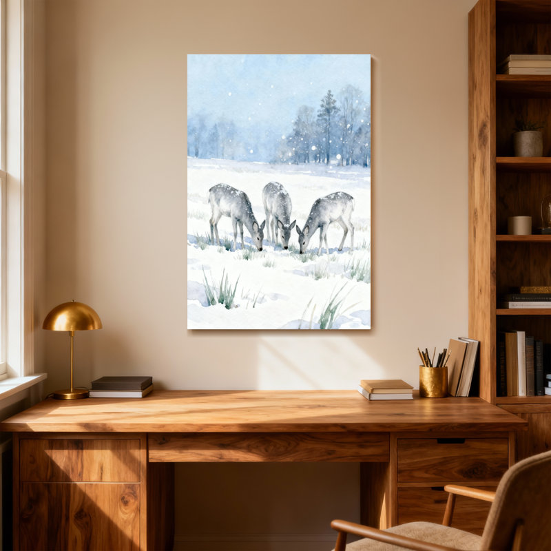 Animaux, hiver, cerf, neige, aquarelle, reproduction d'art, H 18 po x l 12 po