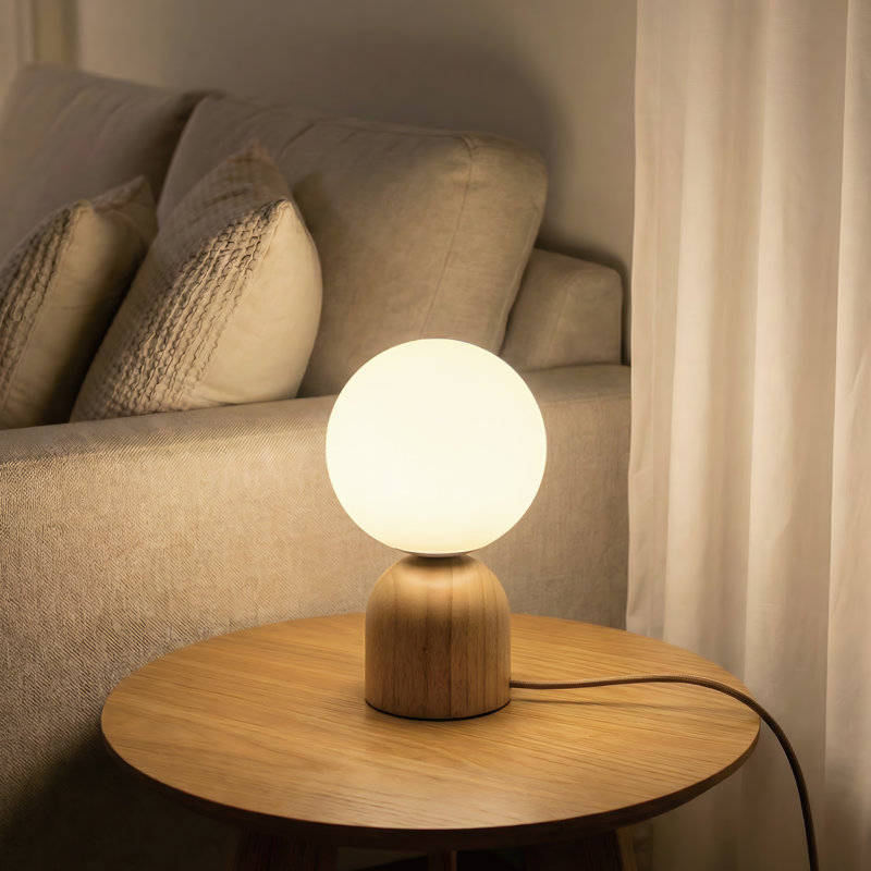 9.8” Modern Milk Glass Globe Table Lamp with Solid Wood Base, Dimmable & Adjustable Color Temperature, E12 Socket, Ul Listed