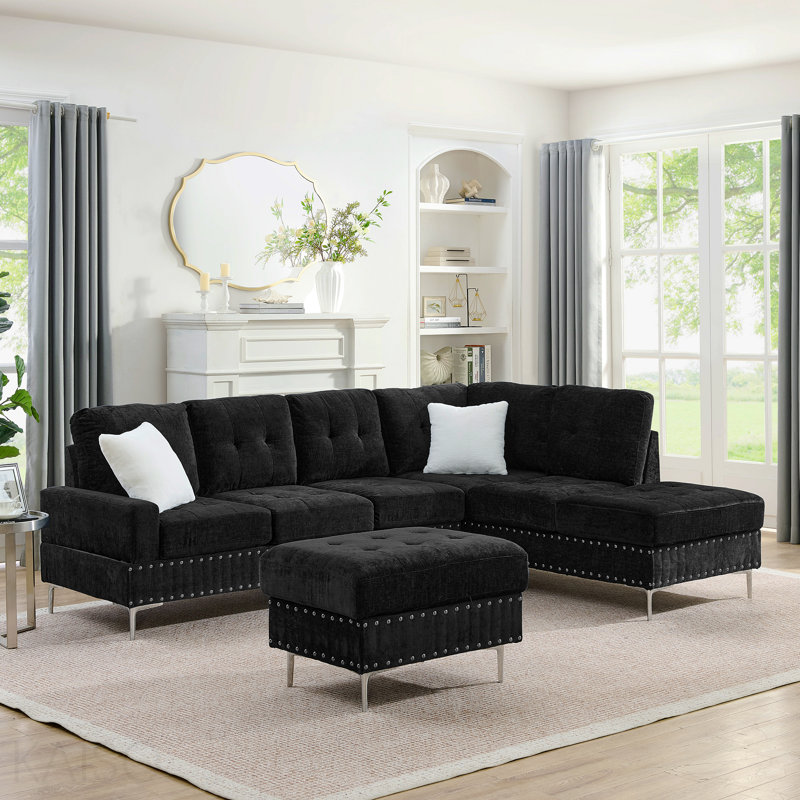 Canapé modulaire 3 places avec méridienne, repose-pieds avec rangement, pieds en métal et clous en cuivre, deux coussins blancs