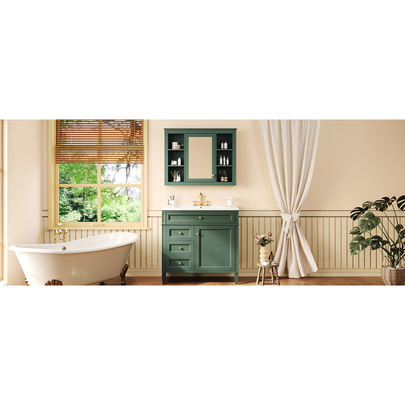 Meuble-lavabo de salle de bain avec lavabo à trois trous pré-percé, armoire à miroir et lavabo en céramique à tiroirs à fermeture en douceur